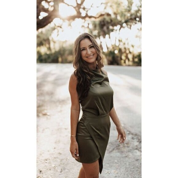 ELLIATT Camo Asymmetric Satin Cocktail Dress in Khaki Size X-Small - Picture 3 of 16